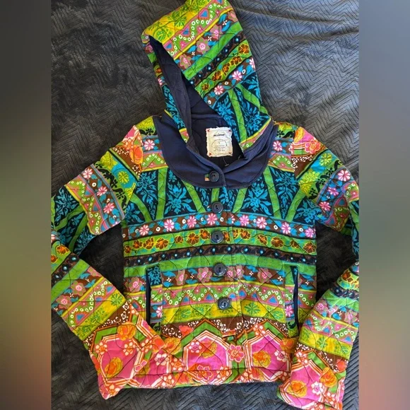Allihop Quilted Hooded Cotton Jacket Boho Patchwork Colorful Coat - Picture 4 of 12